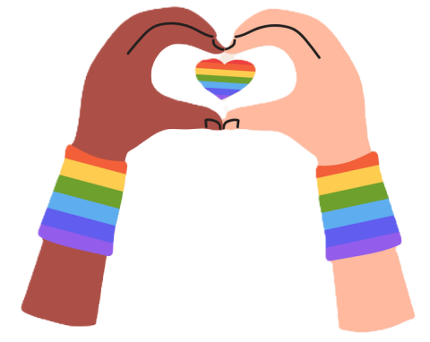 two hands with rainbow bands and love heart