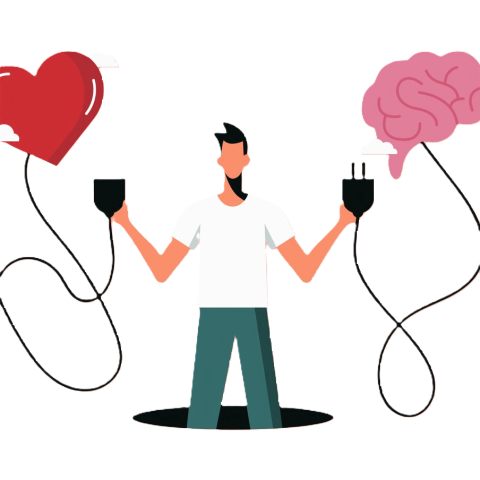 person holding brain and heart and trying to connect the two